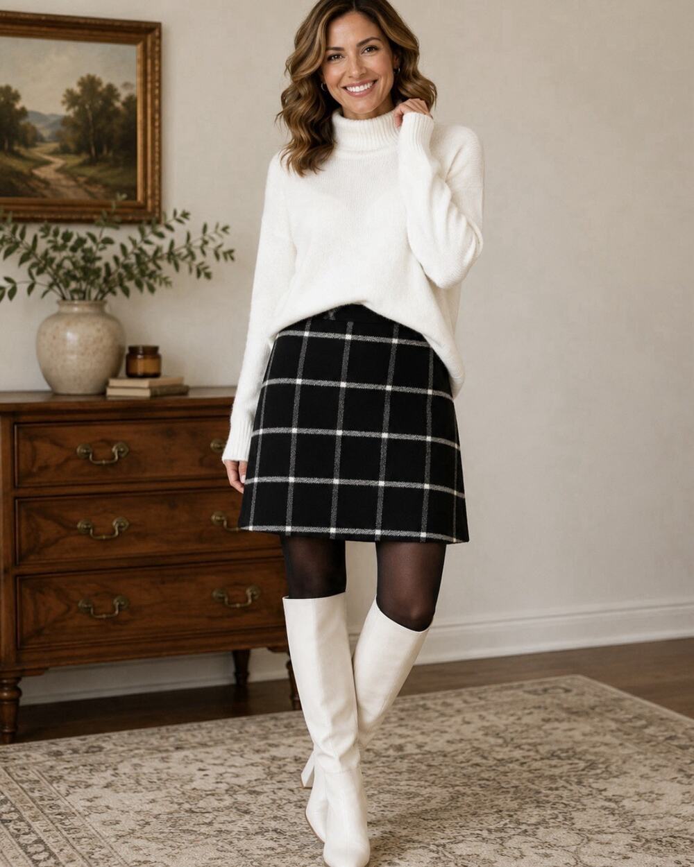 Talbots Wool Blend Pencil Skirt 2 Black White Window Pane Plaid Preppy Academia